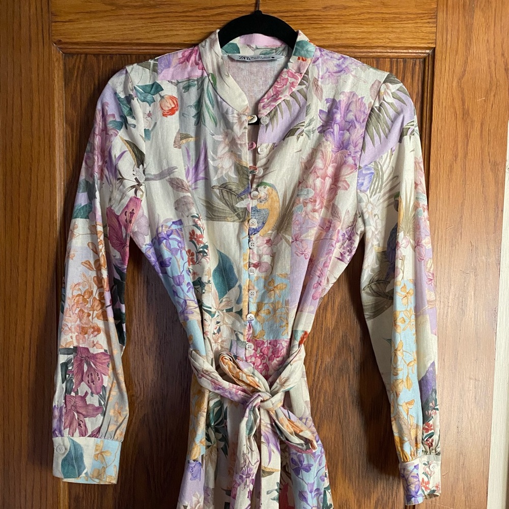 Zara High neck linen bird floral dress